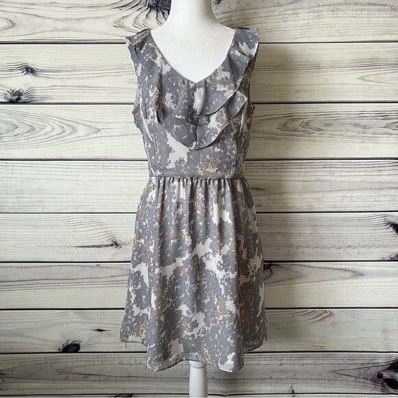 Gap Tan & Grey Patterned Ruffle Neckline A-Line Dress - Picture 1 of 7